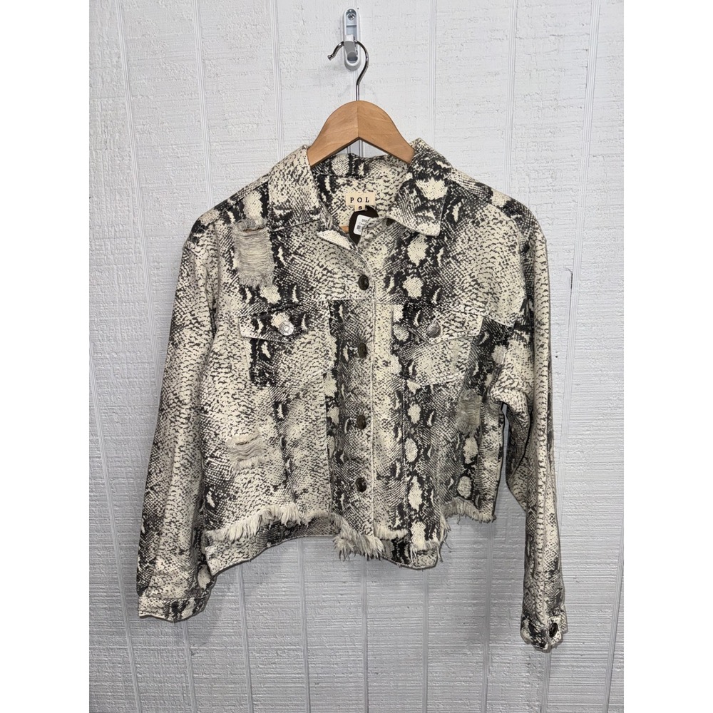 POL Crue Jacket Women Cream Black Snakeskin Distressed Frayed Hem Small